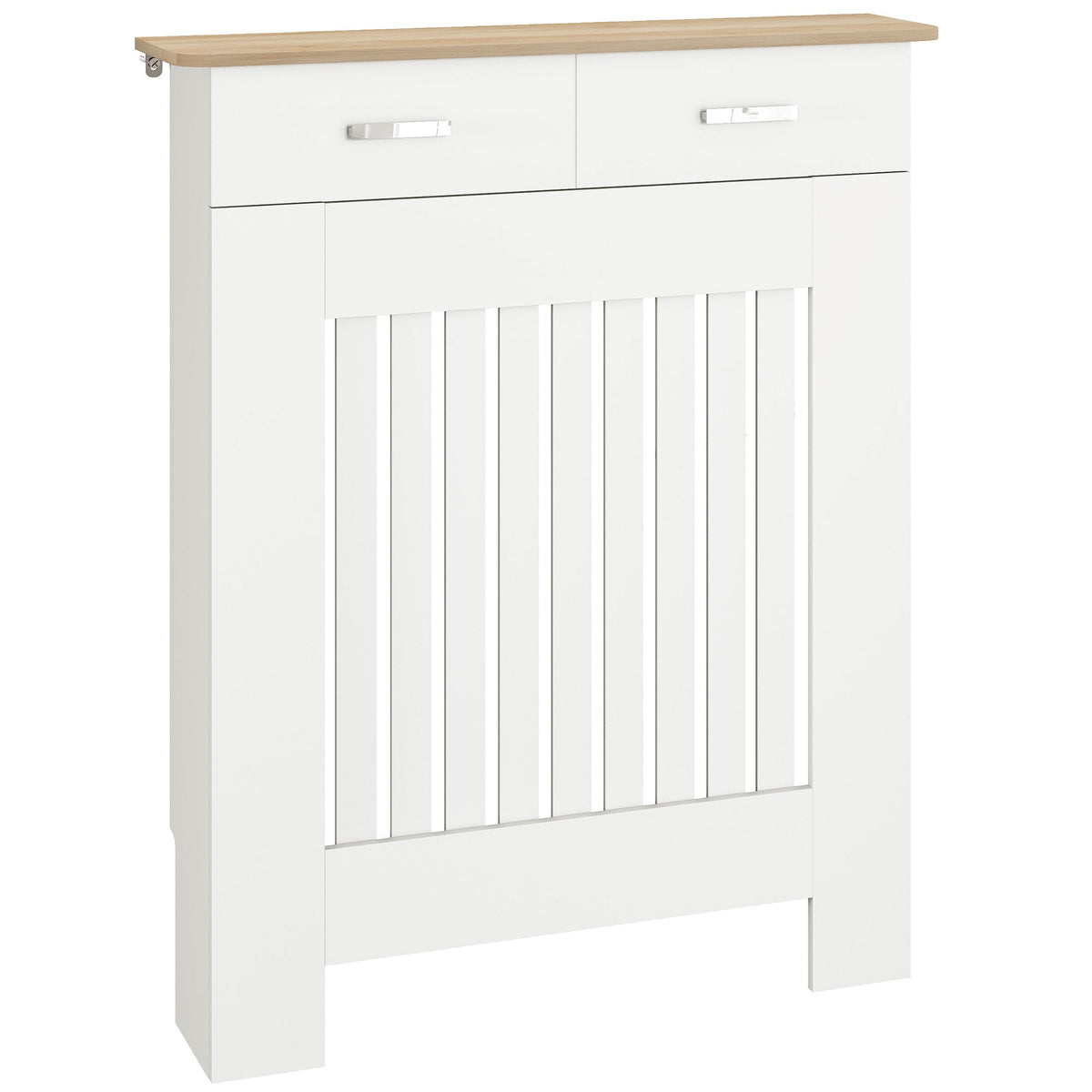 Cache-radiateur en bois blanc avec tiroir et lattes verticales