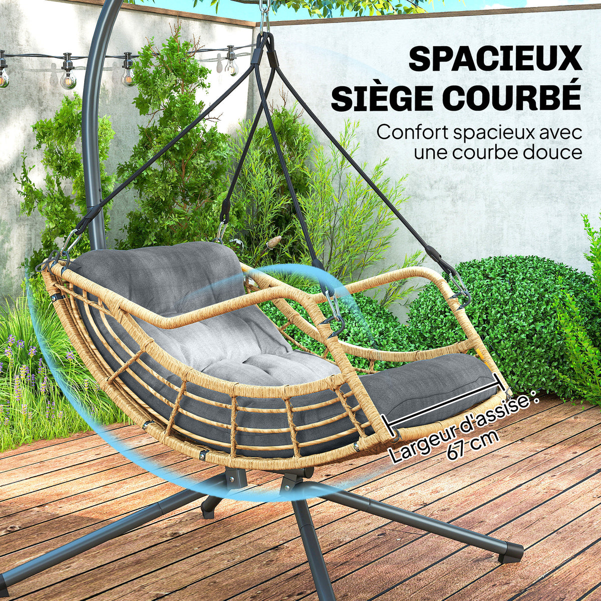 Fauteuil suspendu en résine tressée avec support, chaise suspendue, coussin, attache de sécurité, hauteur réglable, gris-3
