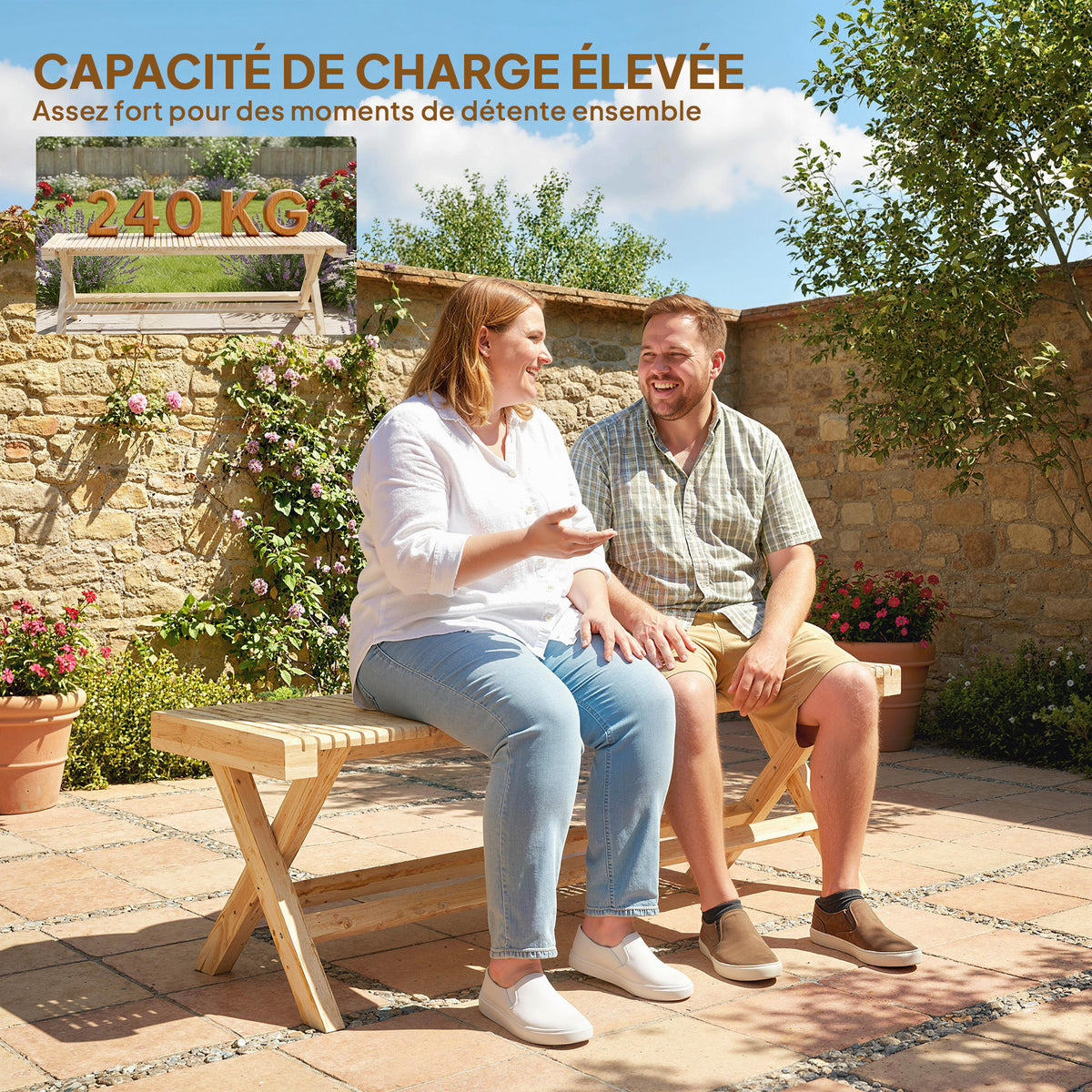 Banc de Jardin en Bois massif, Banquette de Jardin avec Assise à Lattes Effet Bois, 140 x 40 x 43 cm, Bois Naturel-4