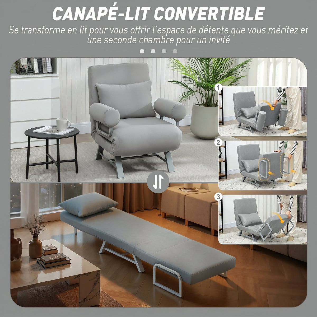 Fauteuil Convertible 1 Place, Fauteuil-Lit Pliable Rembourré en Lin avec Dossier Réglable, Oreiller, Gris Clair-3