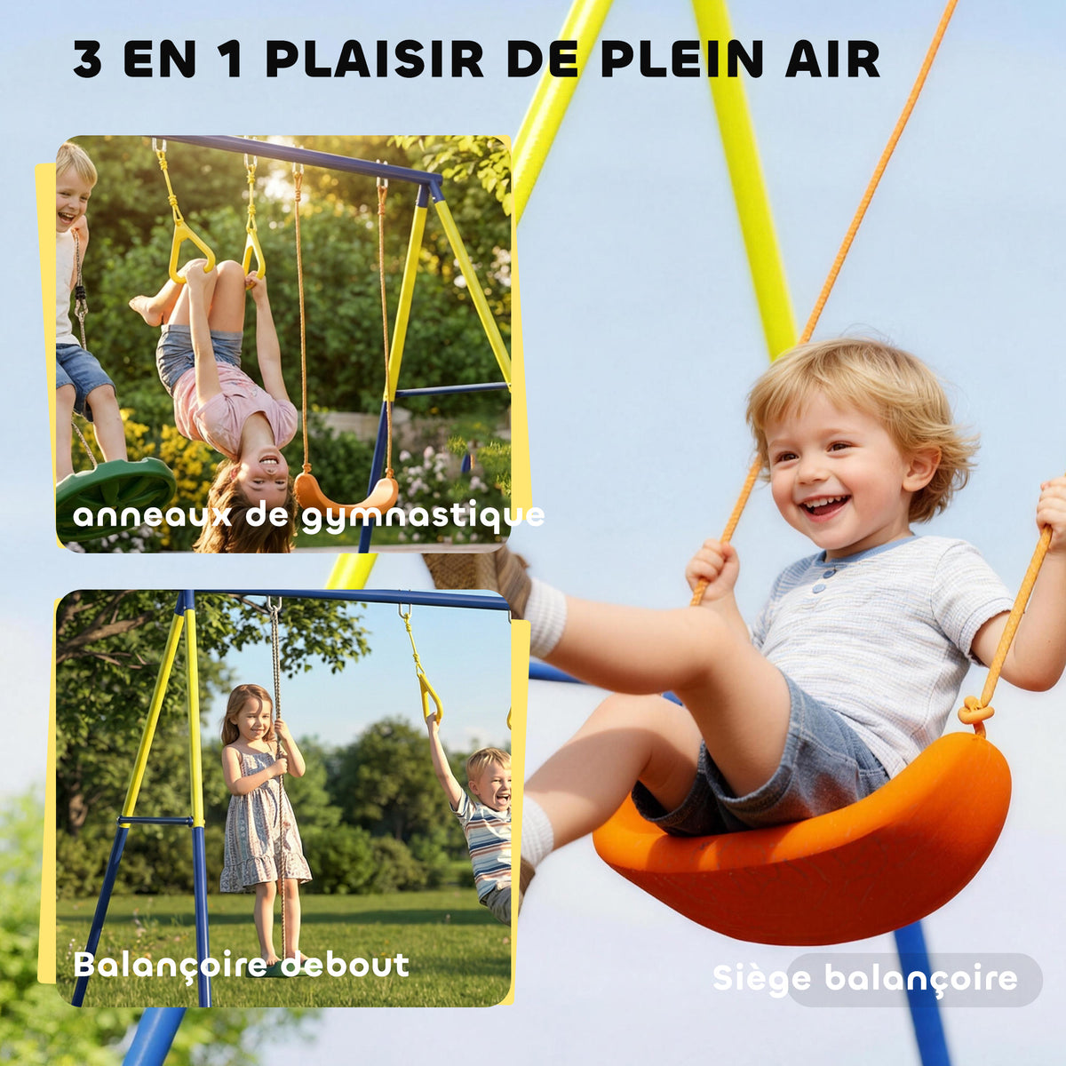 Portique Balancoire Exterieur Enfants 3-en-1, Siège de Balancelle, 2 Anneaux Gymnastique et Balançoire à Disque-3