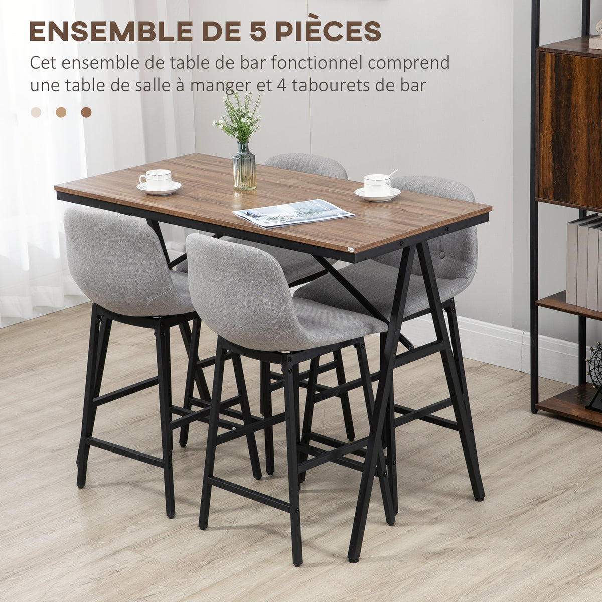 Ensemble table de bar avec tabourets table à manger debout avec 4 chaises rembourrées pieds en acier 120x60x91cm gris-3