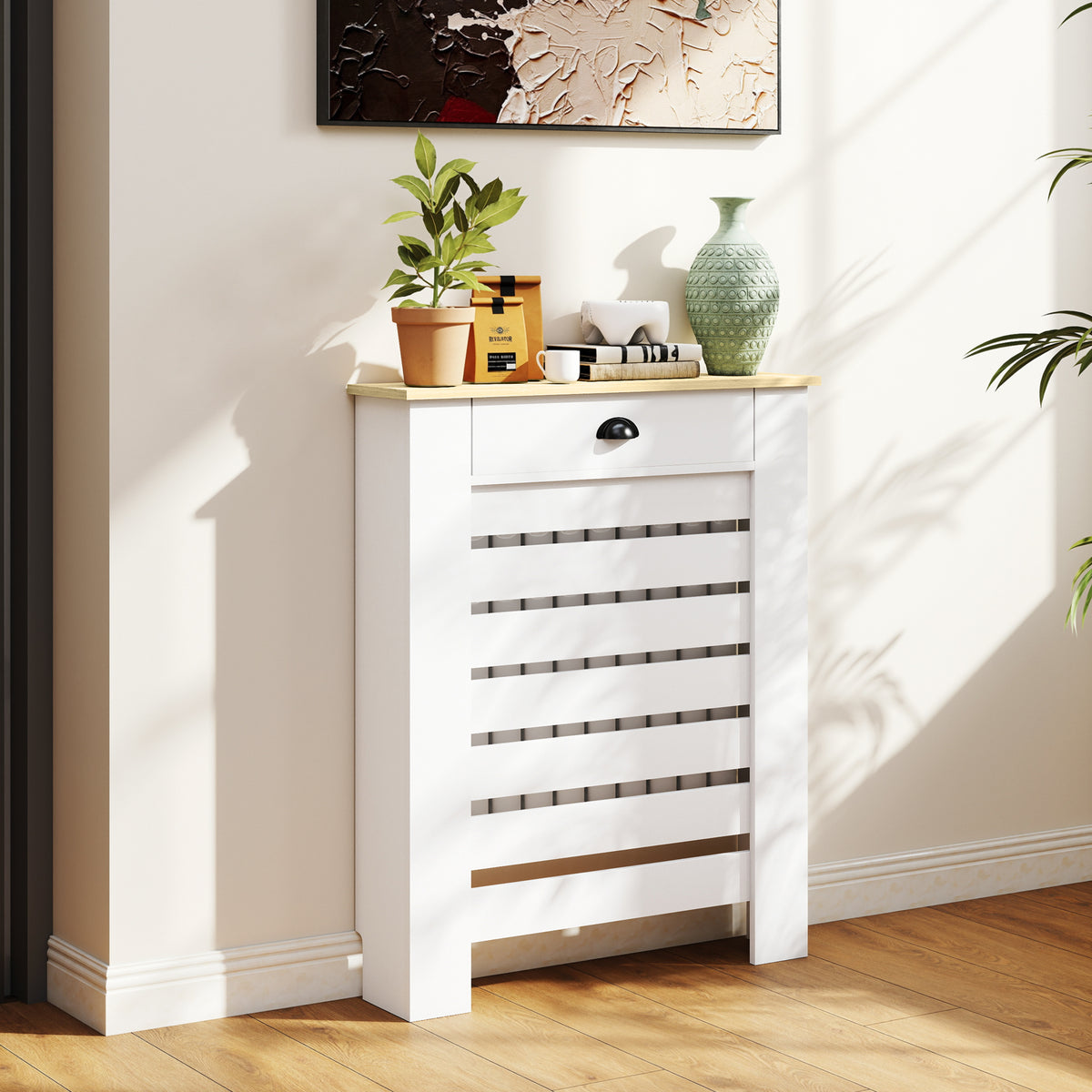 Couvercle de radiateur cache radiateur grille à lattes horizontales avec 2 tiroirs en bois 78l x 19P x 95,5H cm blanc-1