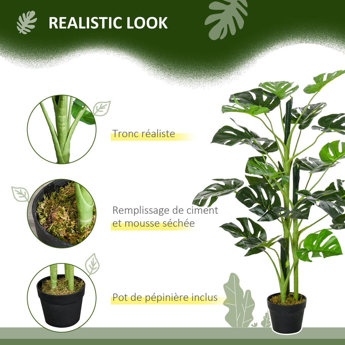 Monstera artificiel Ø16 x 100 cm, 21 feuilles, pot ciment, intérieur et extérieur-2