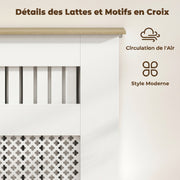 Couvercle de Radiateur en Bois à Lattes avec Détails Croisés et Étagère Supérieure, 78 x 19 x 81 cm, Blanc-3