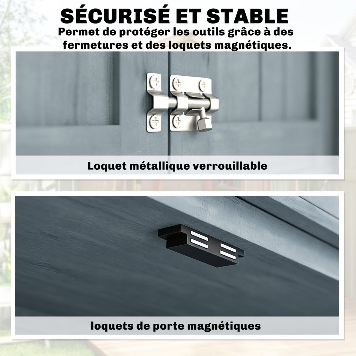 Armoire de jardin, armoire extérieure de rangement en bois avec 2 portes verrouillables, 2 étagères et 10 crochets, gris-4