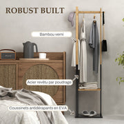 Portant pour vêtements en bambou, Porte-manteau en Bois avec tringle, étagères, patère, 4 barres latérales-4