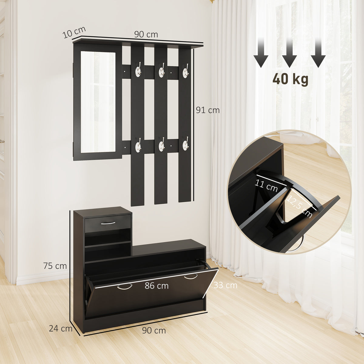 Ensembles 3 en 1 de meuble d'entrée vestiaire avec panneau porte-manteau, miroir et banc à chaussures noir-2