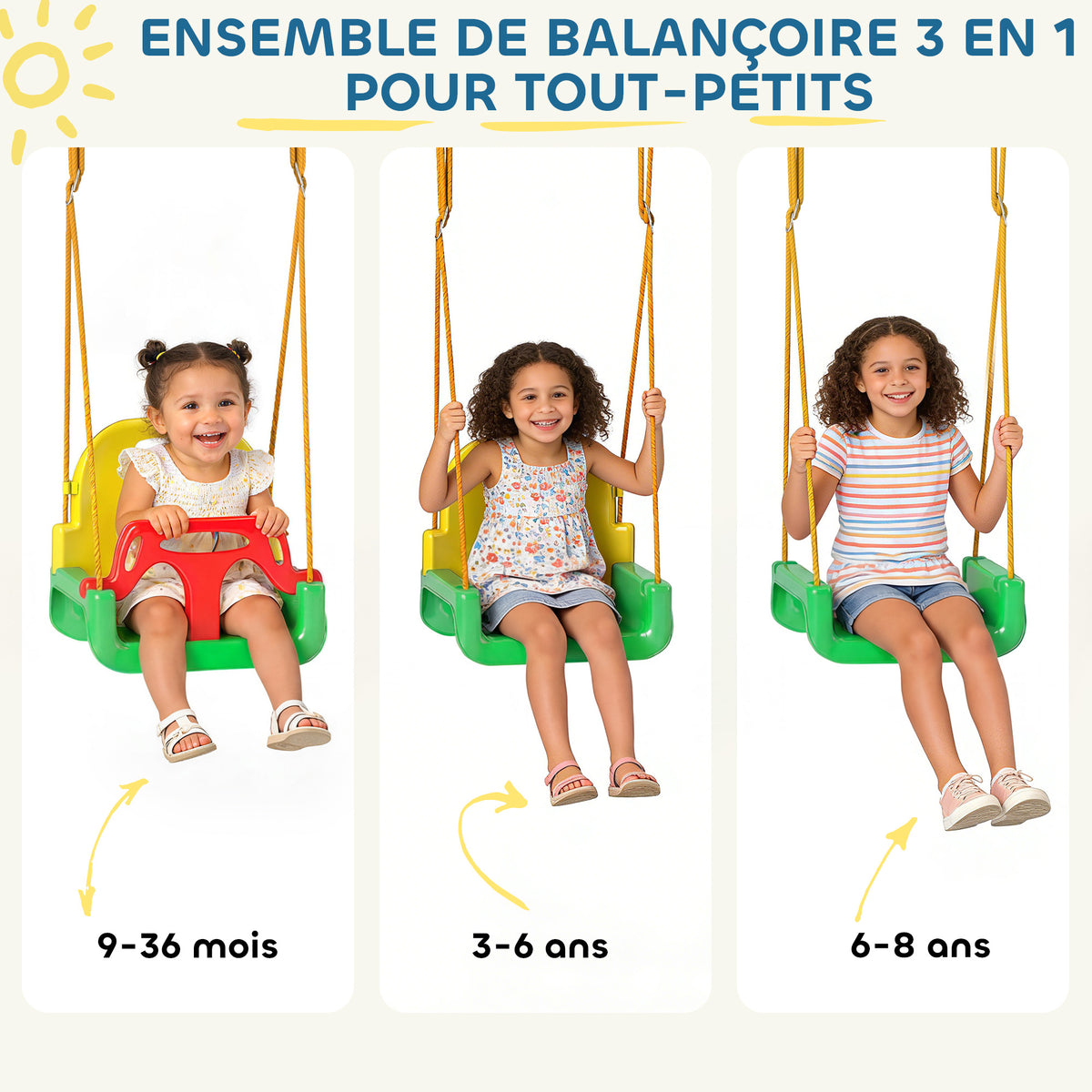 Portique Balançoire Enfants 3-en-1, Balançoire Pliable avec Siège Réglable, Intérieur et Extérieur, Multicolore-3