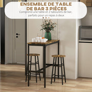 Ensemble table haute de bar + 2 tabourets structure en acier plateau aspect effet bois d'acajou 2 personnes noir-3