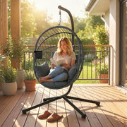 Fauteuil œuf suspendu, chaise hamac balançoire intérieur et extérieur, panier pliable, coussin rembourré, gris-8
