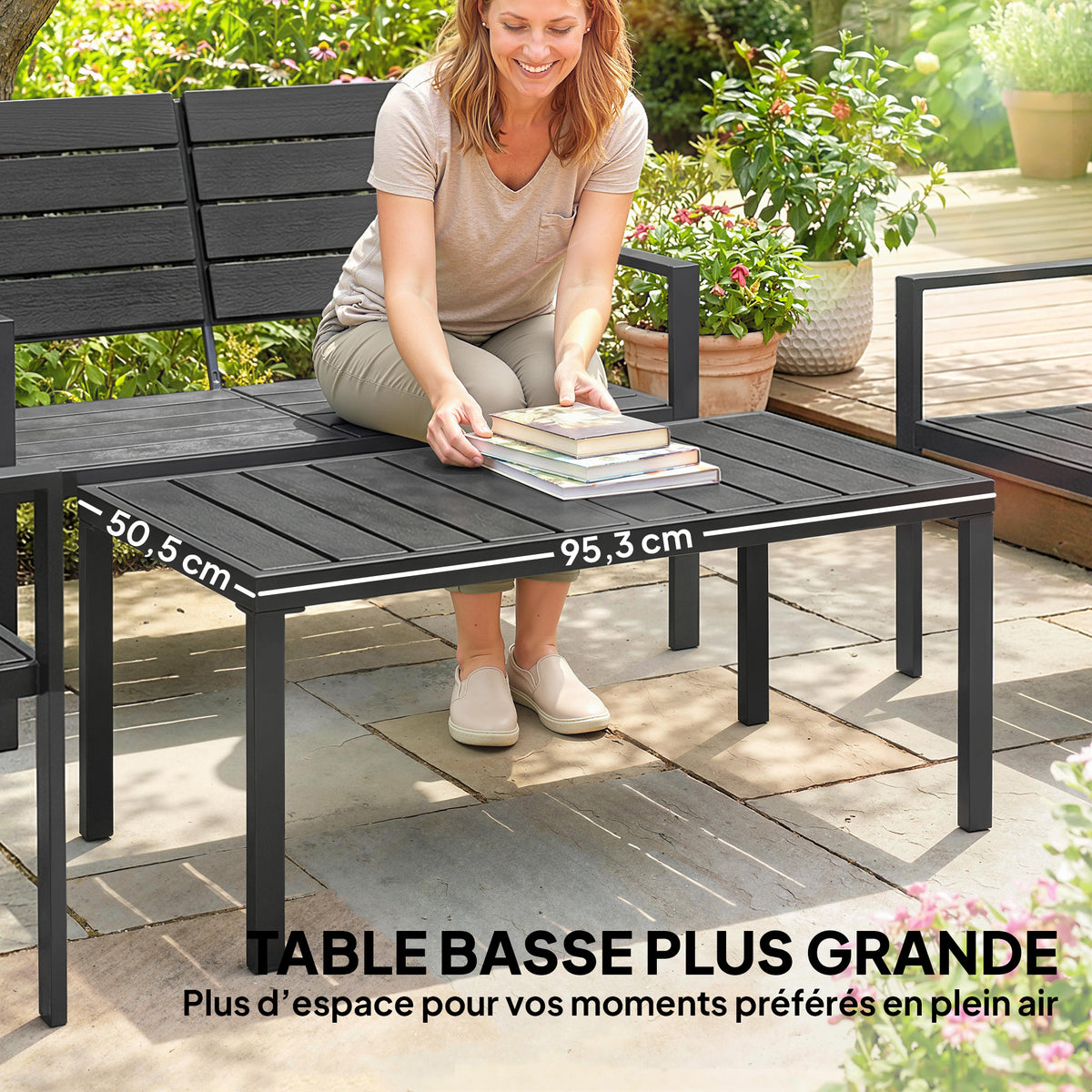 Salon de Jardin Extérieur 4 Pièces, Canapé 2 Places, 2 Chaises, Table Basse, Mobilier de Jardin en HDPE Effet Bois Noir-4