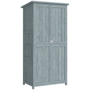 Armoire de jardin, armoire extérieure de rangement en bois avec 2 portes verrouillables, 2 étagères et 10 crochets, gris-0