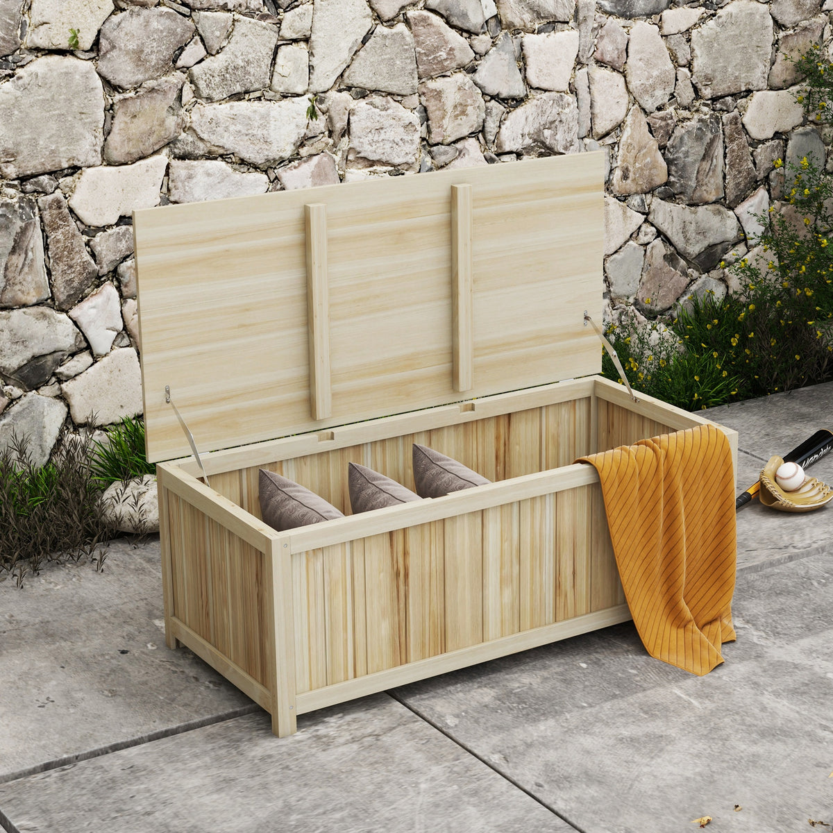 Coffre de rangement jardin en bois 172L avec vérins, pour l'extérieur - 120L x 55l x 45H cm-1