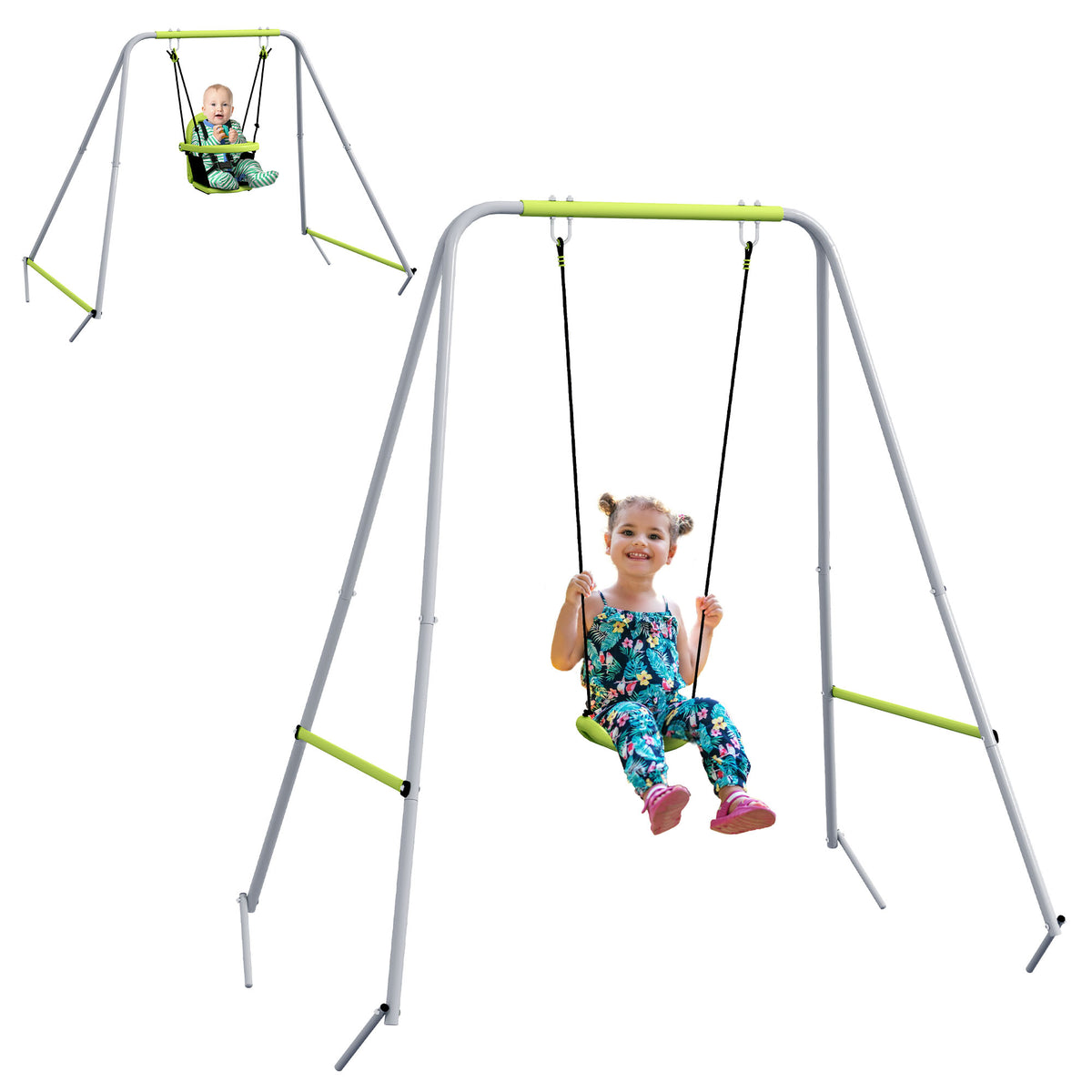 Balançoire portique balançoire 2 en 1 pour bébé ceinture de sécurité à 5 points intérieure extérieure vert-0