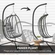 Fauteuil suspendu pliable en résine tressée avec support, coussin et oreiller hauteur réglable, gris-5