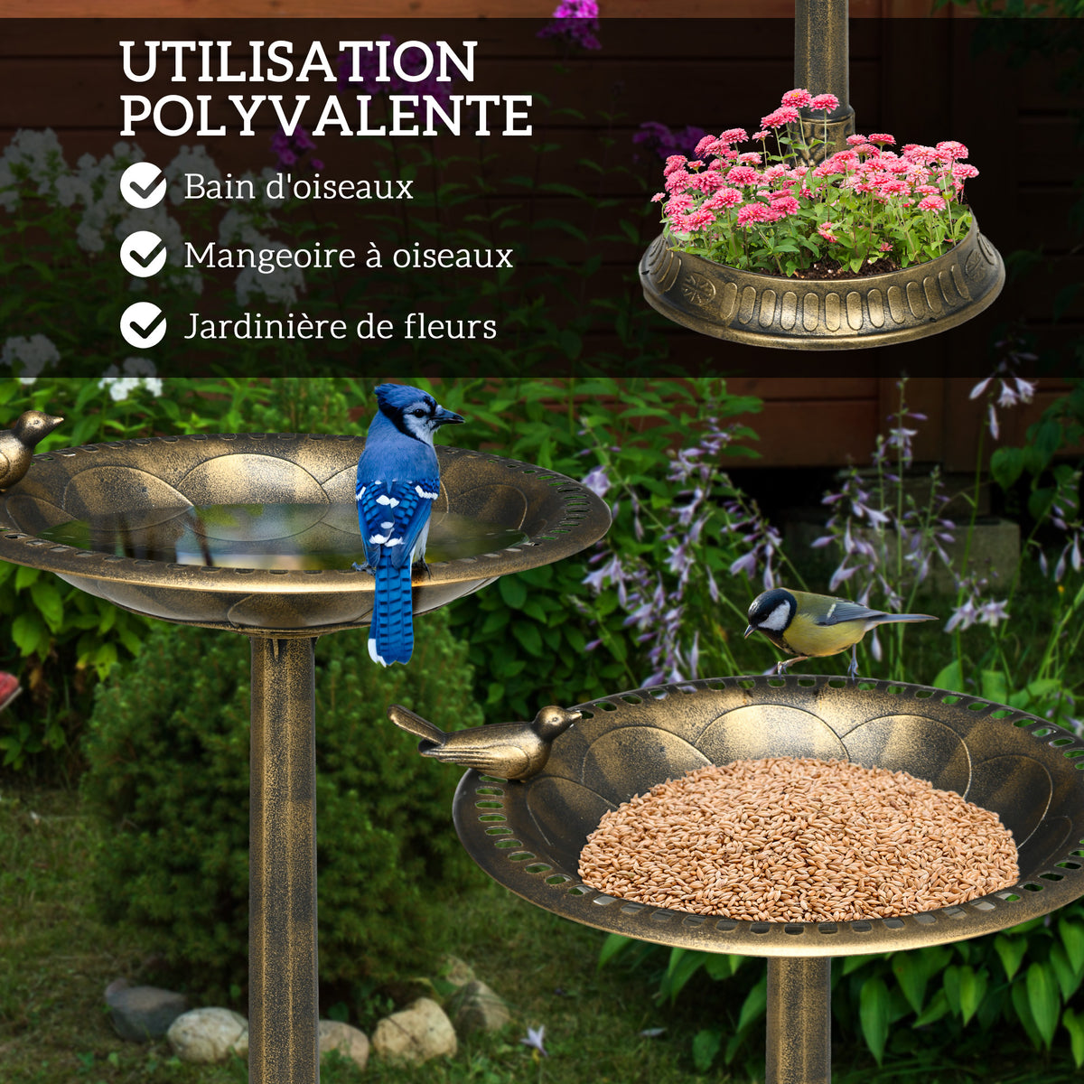 Bain d'oiseaux Abreuvoir, mangeoire pour Oiseaux jardinière 2 en 1 dim. Ø 50 x 72H cm polypropylène Bronze Antique-3