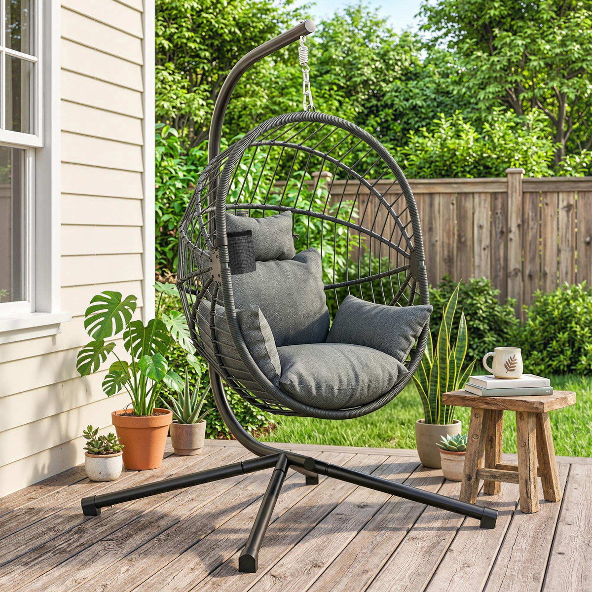 Fauteuil œuf suspendu, chaise hamac balançoire intérieur et extérieur, panier pliable, coussin rembourré, gris-1