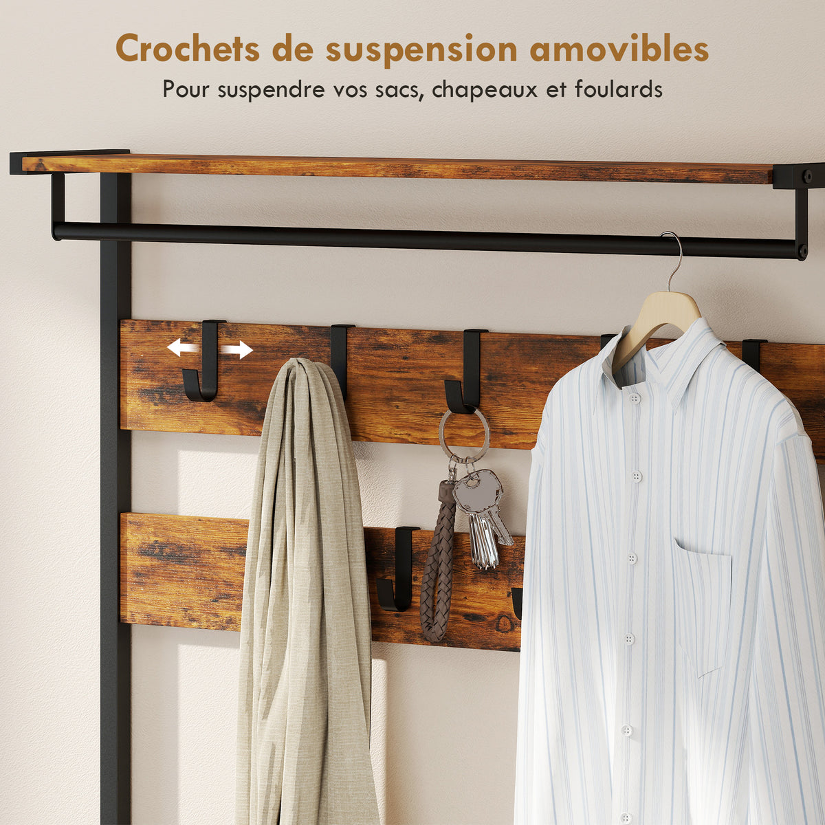 Porte-Manteau 5 en 1, Banc, Tringle, 10 Crochets Amovibles, 2 Tiroirs, Étagère à Chaussures, 80x30x181,5cm Brun Rustique-4