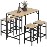 Ensemble Table de Bar Industriel + 4 tabourets Repose-Pieds en Bois couleur Chêne Clair Cadre en métal Noir-0