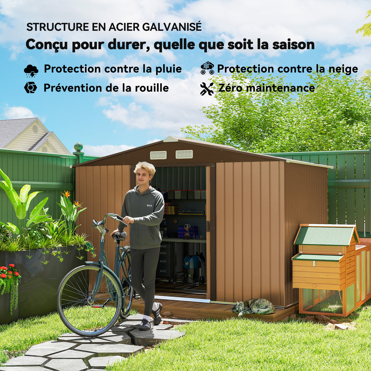 Abri de Jardin 4,9 m² cabane de jardin armoire de jardin Porte coulissante ventilations tôle Acier Jaune-3