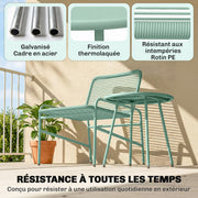 Salon de Jardin Extérieur 3 Pièces en Résine Tressée et Acier, Table de Jardin Ronde avec 2 Chaises, 58x67x75cm, Vert-4