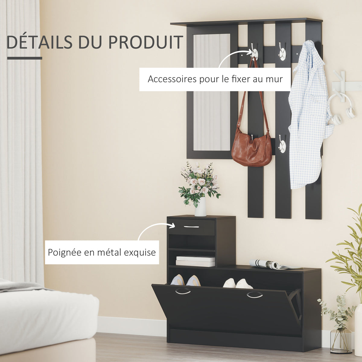 Ensembles 3 en 1 de meuble d'entrée vestiaire avec panneau porte-manteau, miroir et banc à chaussures noir-4