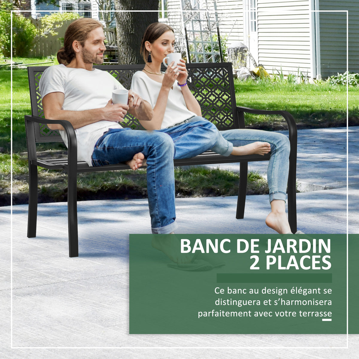 Banc de jardin banc extérieur jardin en acier avec dossier à motif floral pour 2 personnes 127 x 63 x 83 cm noir-4