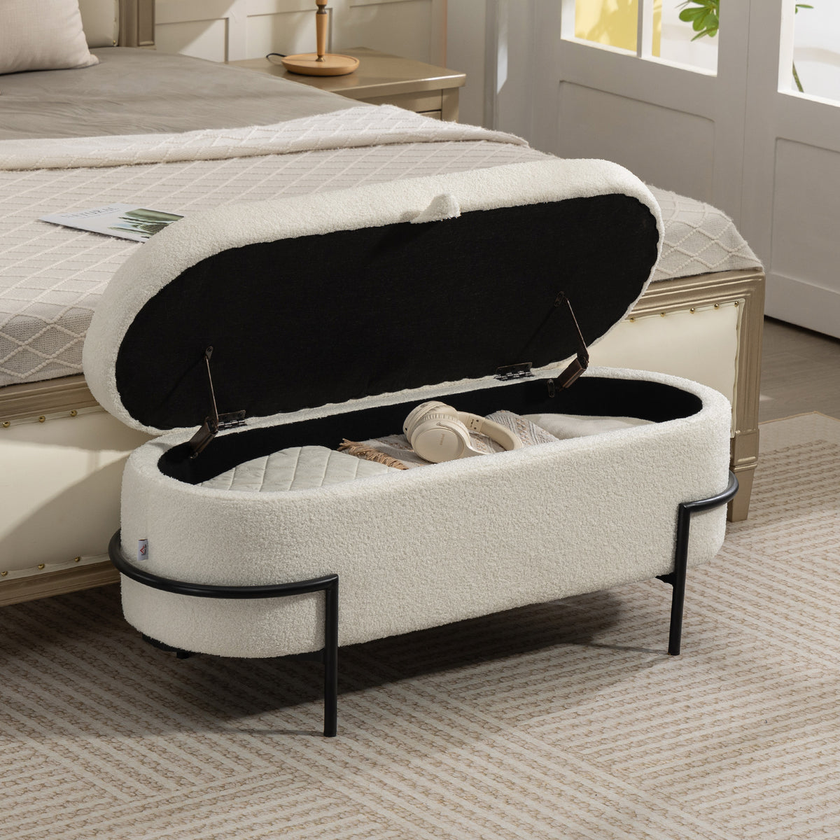 Banc de rangement, banc coffre de rangement en tissu bouclette avec couvercle relevable et pieds en acier, crème-1