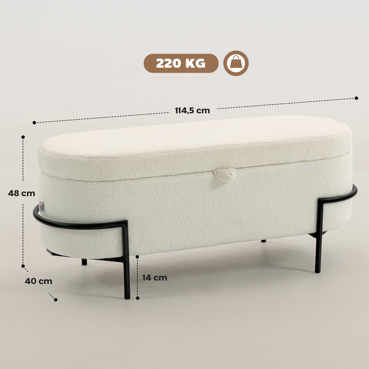 Banc de rangement, banc coffre de rangement en tissu bouclette avec couvercle relevable et pieds en acier, crème-2