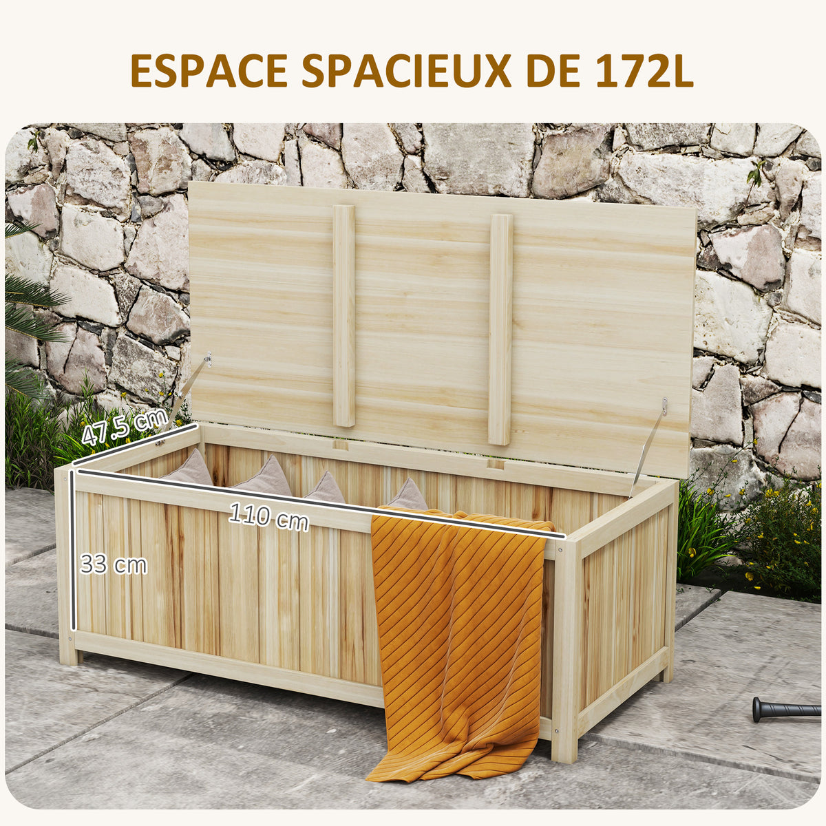 Coffre de rangement jardin en bois 172L avec vérins, pour l'extérieur - 120L x 55l x 45H cm-3