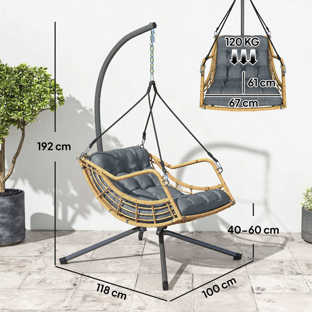 Fauteuil suspendu en résine tressée avec support, chaise suspendue, coussin, attache de sécurité, hauteur réglable, gris-2