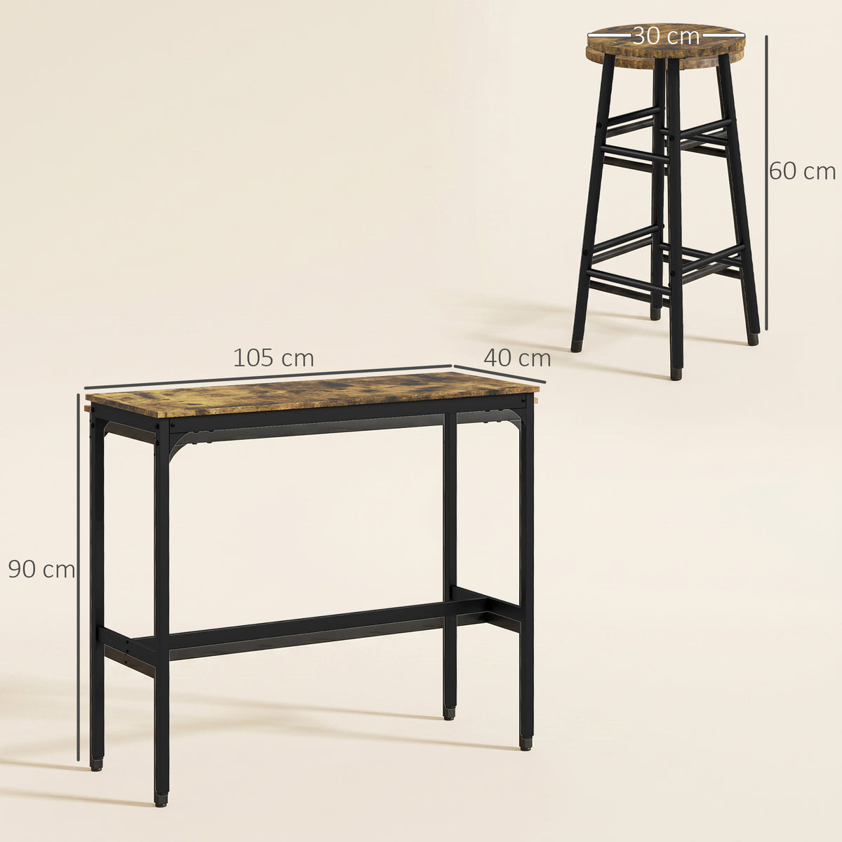 Ensemble table haute de bar + 2 tabourets structure en acier plateau aspect effet bois d'acajou 2 personnes noir-2