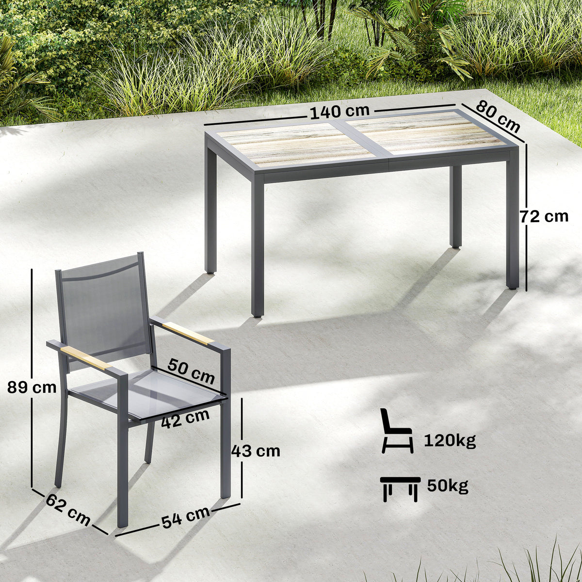 Salon de Jardin Ensemble Mobilier de Jardin 7 Pièces Table Effet Bois 6 Chaises Empilables en Textilène 140x80x72cm Gris-2