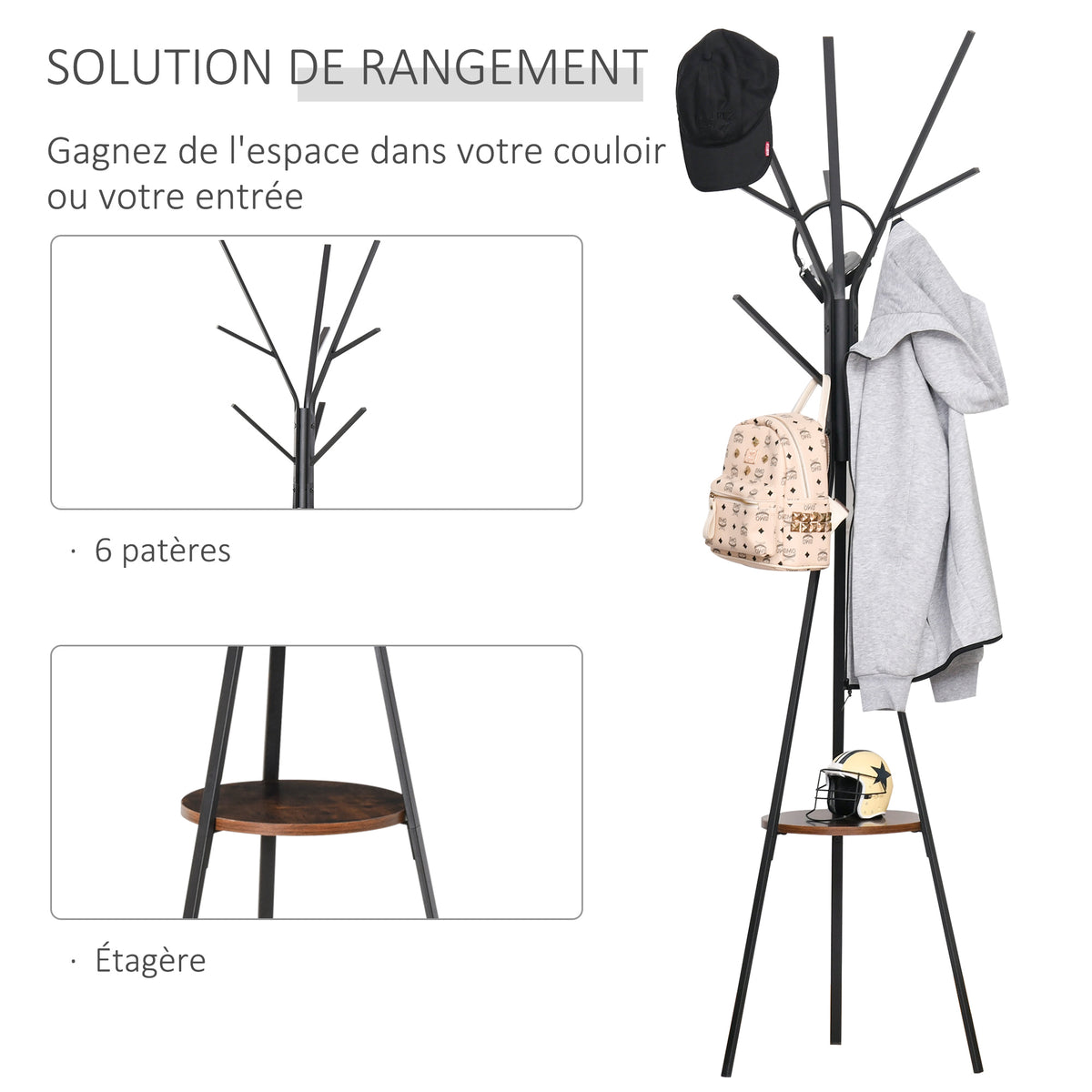 Porte-manteau trépied design contemporain branches étagère + 9 patères dim. 45L x 45l x 180H cm métal marron-4