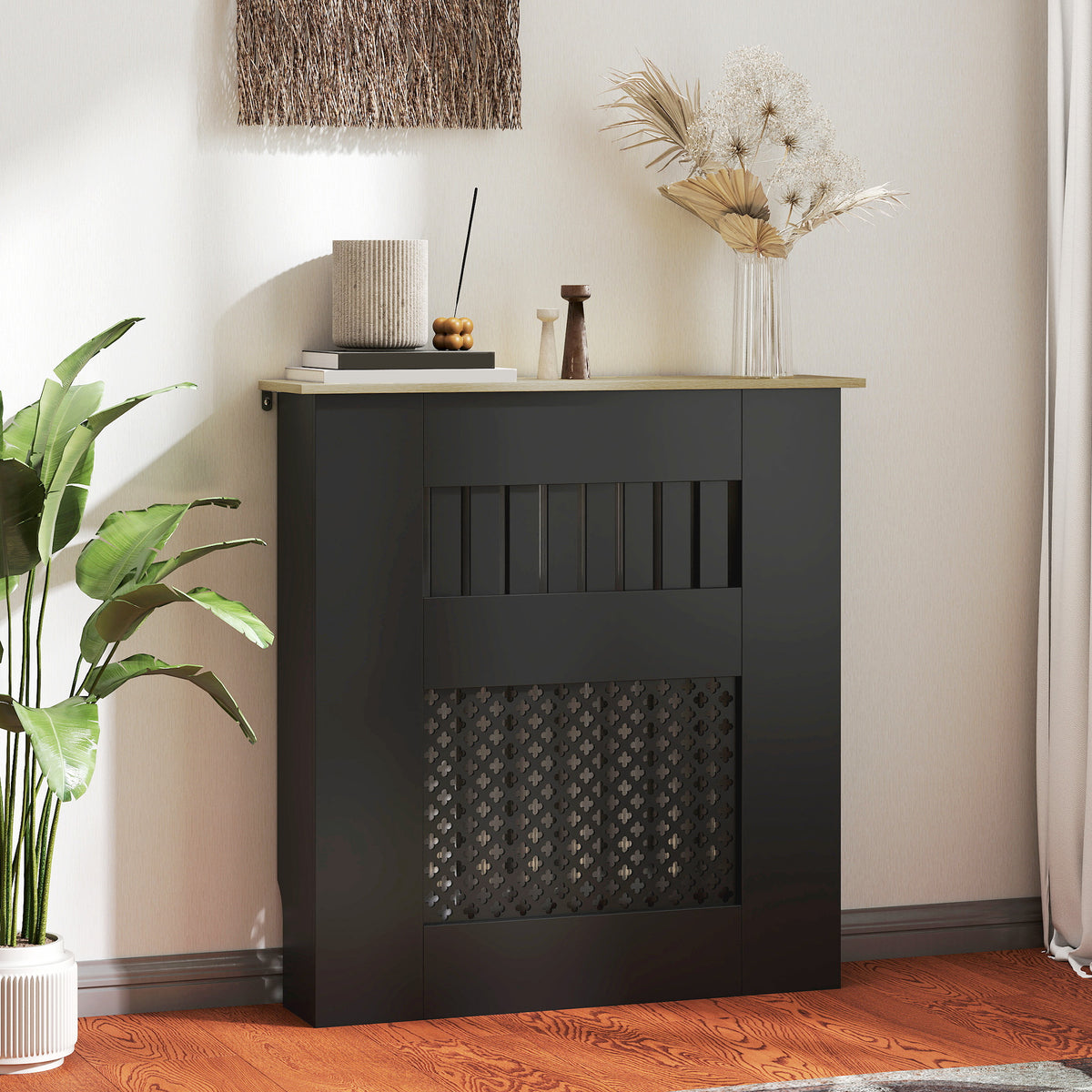 Couvercle de Radiateur en Bois à Lattes avec Détails Croisés et Étagère Supérieure, 78 x 19 x 81 cm, Noir-1