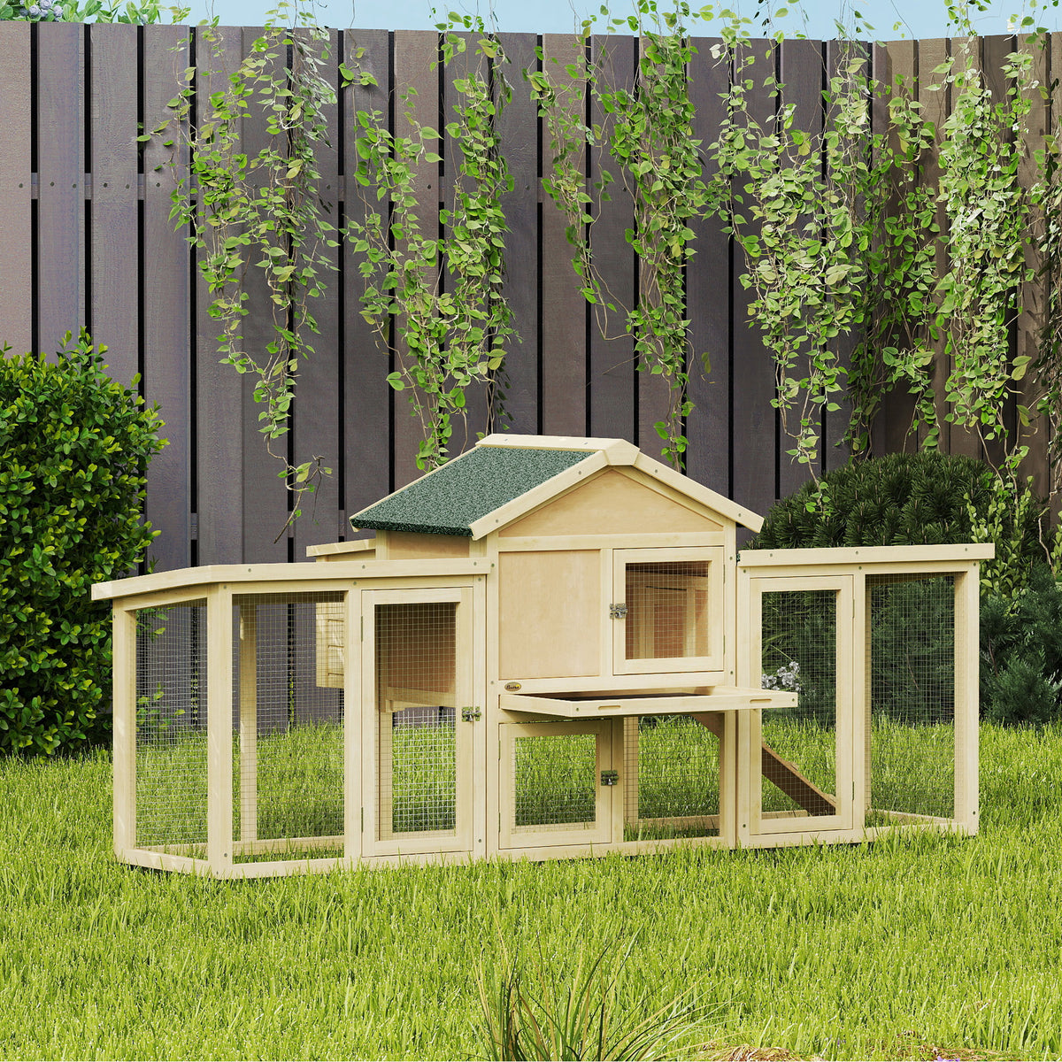 Poulailler clapier modèle chalet multi-équipé : rampes, nichoirs, plateau, en bois massif 204 x 85 x 93 cm bois naturel-1
