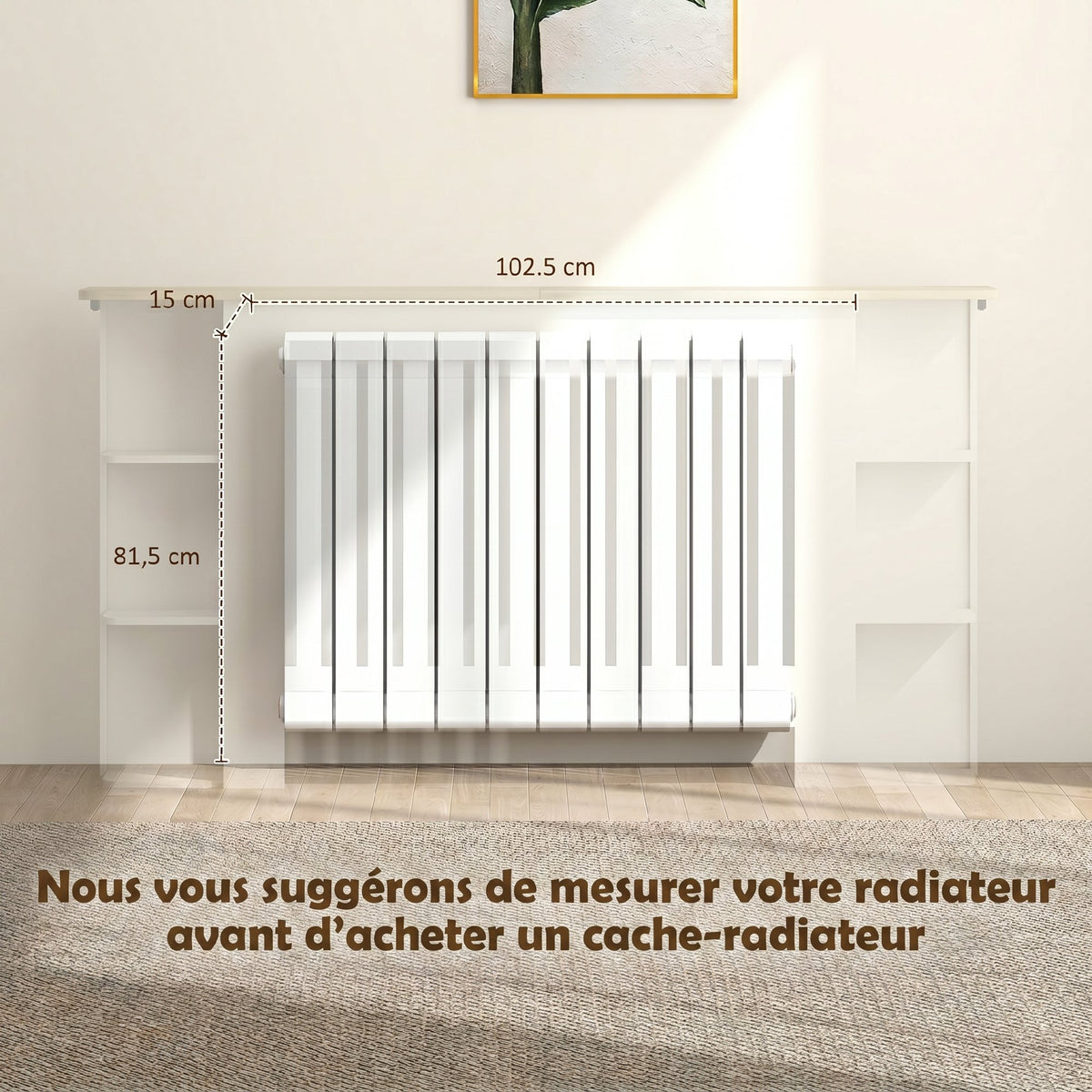 Cache-radiateur avec étagères de rangement ouvertes, couvercle de radiateur en bois à lattes, 152x19x83cm, blanc-3