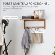 Porte-manteau mural penderie murale étagère 50L x 16l x 17,5H cm 4 patères kit fixation fourni bambou naturel-3