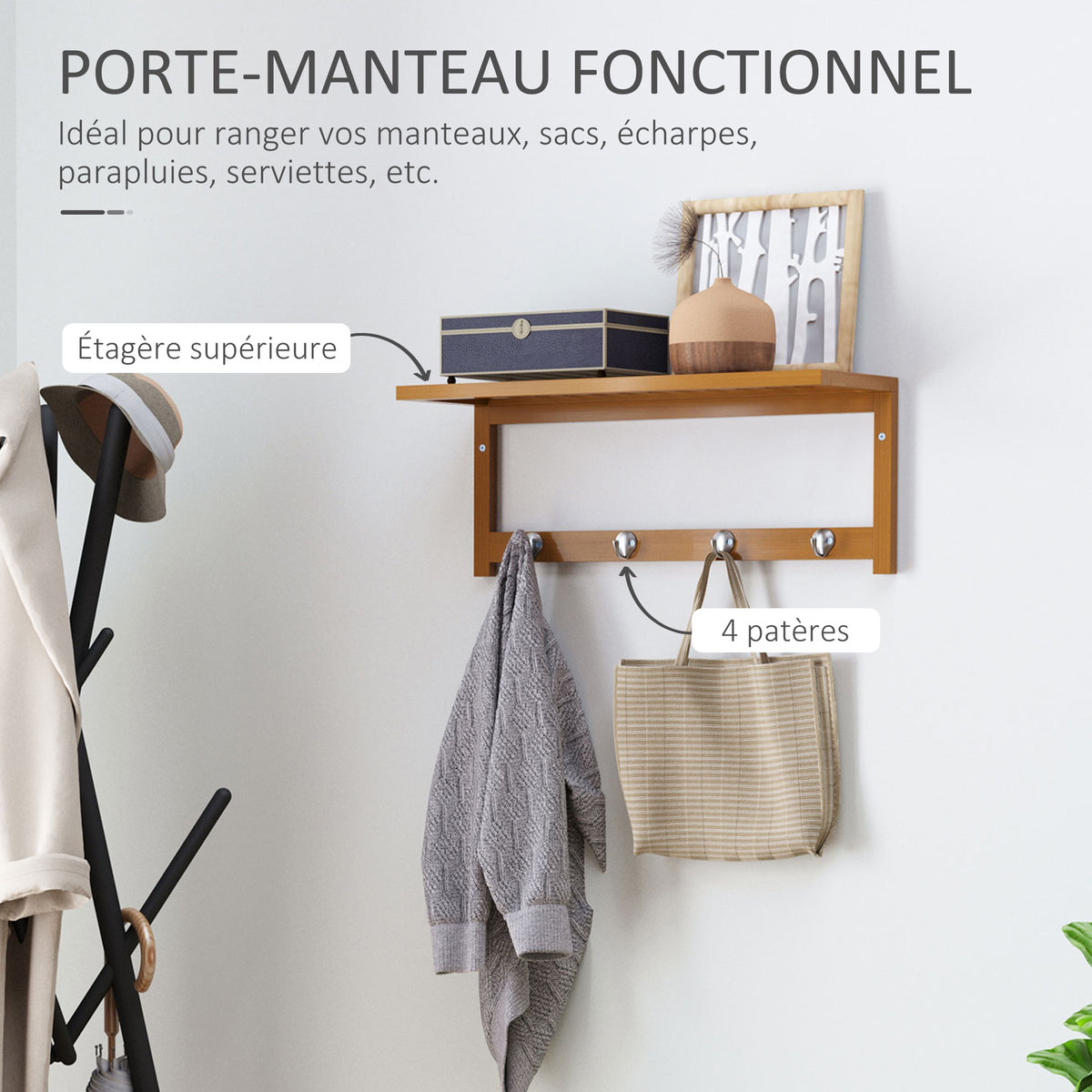 Porte-manteau mural penderie murale étagère 50L x 16l x 17,5H cm 4 patères kit fixation fourni bambou naturel-3