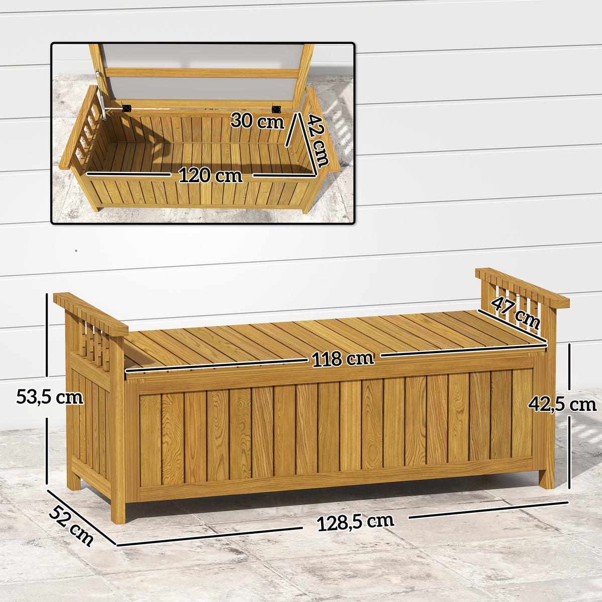 Banc de jardin 2 places en bois avec rangement de 151L banc d'extérieur avec accoudoirs 128,5 x 56 x 53,5 cm marron-2