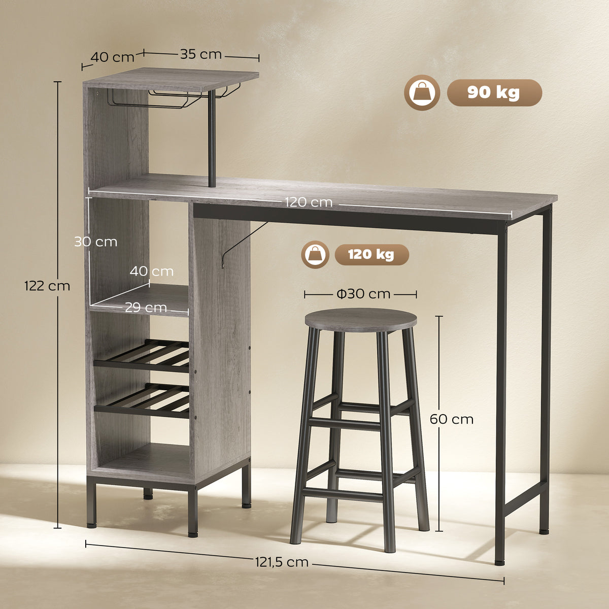 Ensemble table de bar avec tabourets, table à manger debout avec 2 chaises de bar étagères, casiers à vin, bois naturel-2