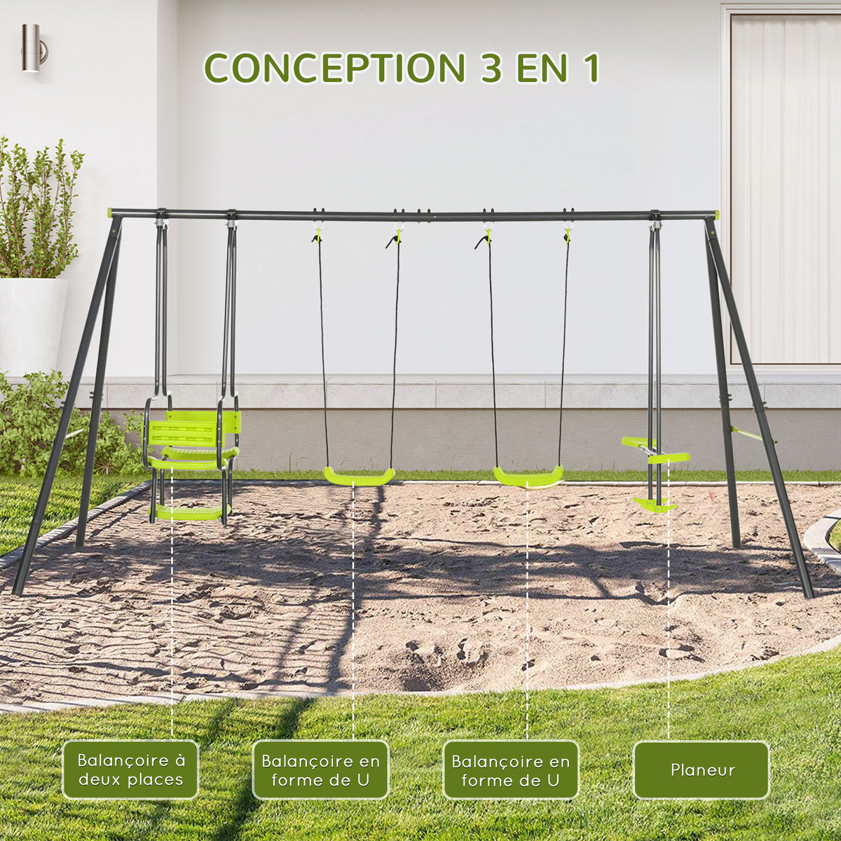 Balançoire 4 agrès portique avec balançoire - dim. 3,55L x 1,84l x 1,86H m métal époxy anticorrosion PE Gris-3