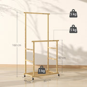 Portant à vêtements à roulettes, porte-manteau double barre en bambou avec étagère inférieure, 80x40x160cm, bois naturel-2
