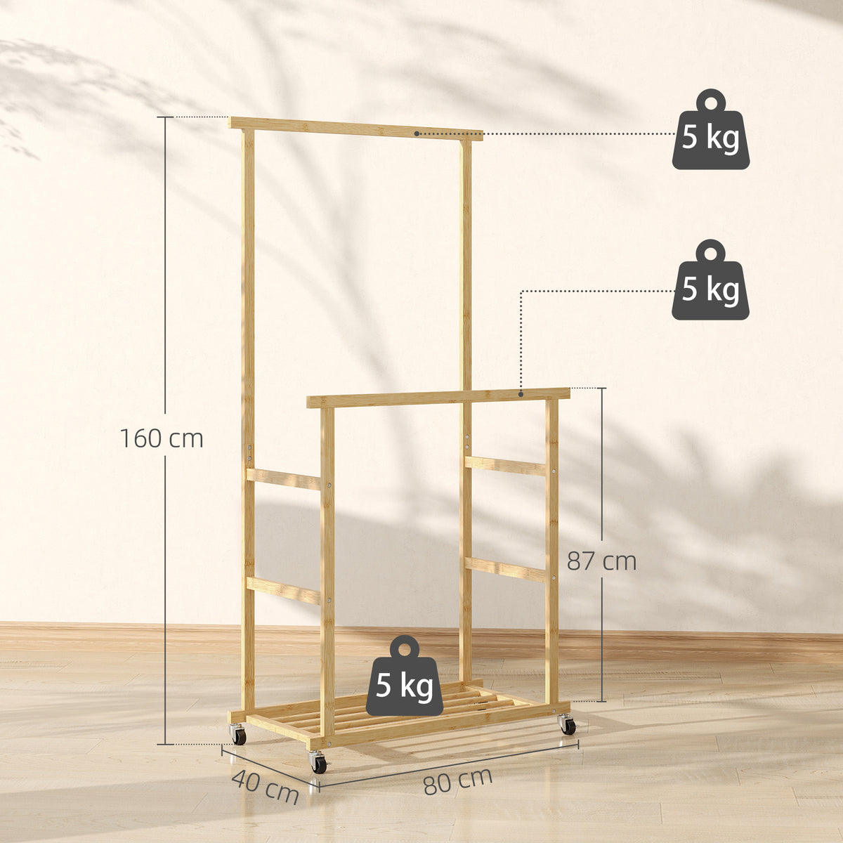 Portant à vêtements à roulettes, porte-manteau double barre en bambou avec étagère inférieure, 80x40x160cm, bois naturel-2