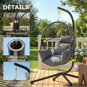 Fauteuil œuf suspendu, chaise hamac balançoire intérieur et extérieur, panier pliable, coussin rembourré, gris-6