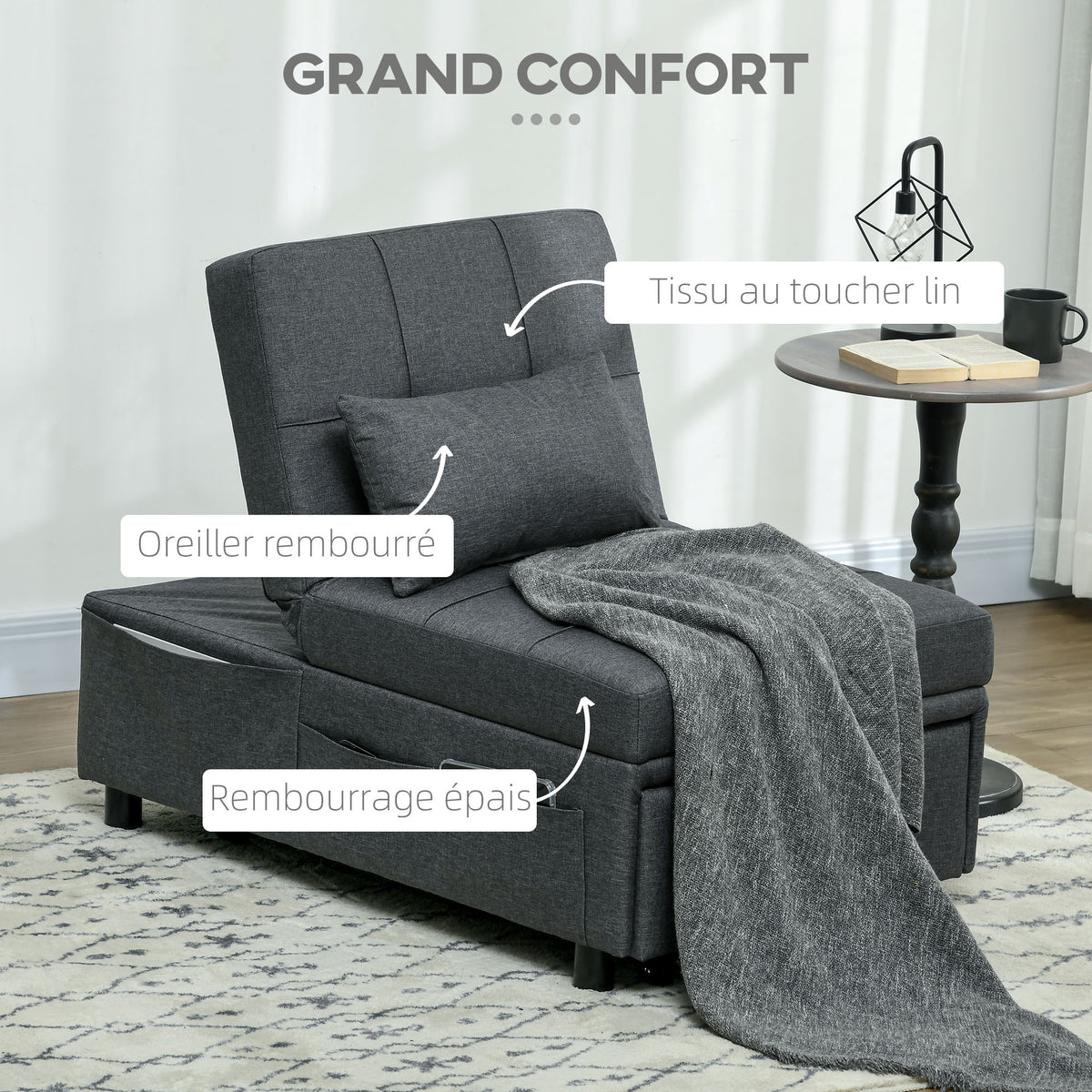 Fauteuil convertible 1 place fauteuil lit avec dossier réglable, siège rembourré et oreiller, gris-3