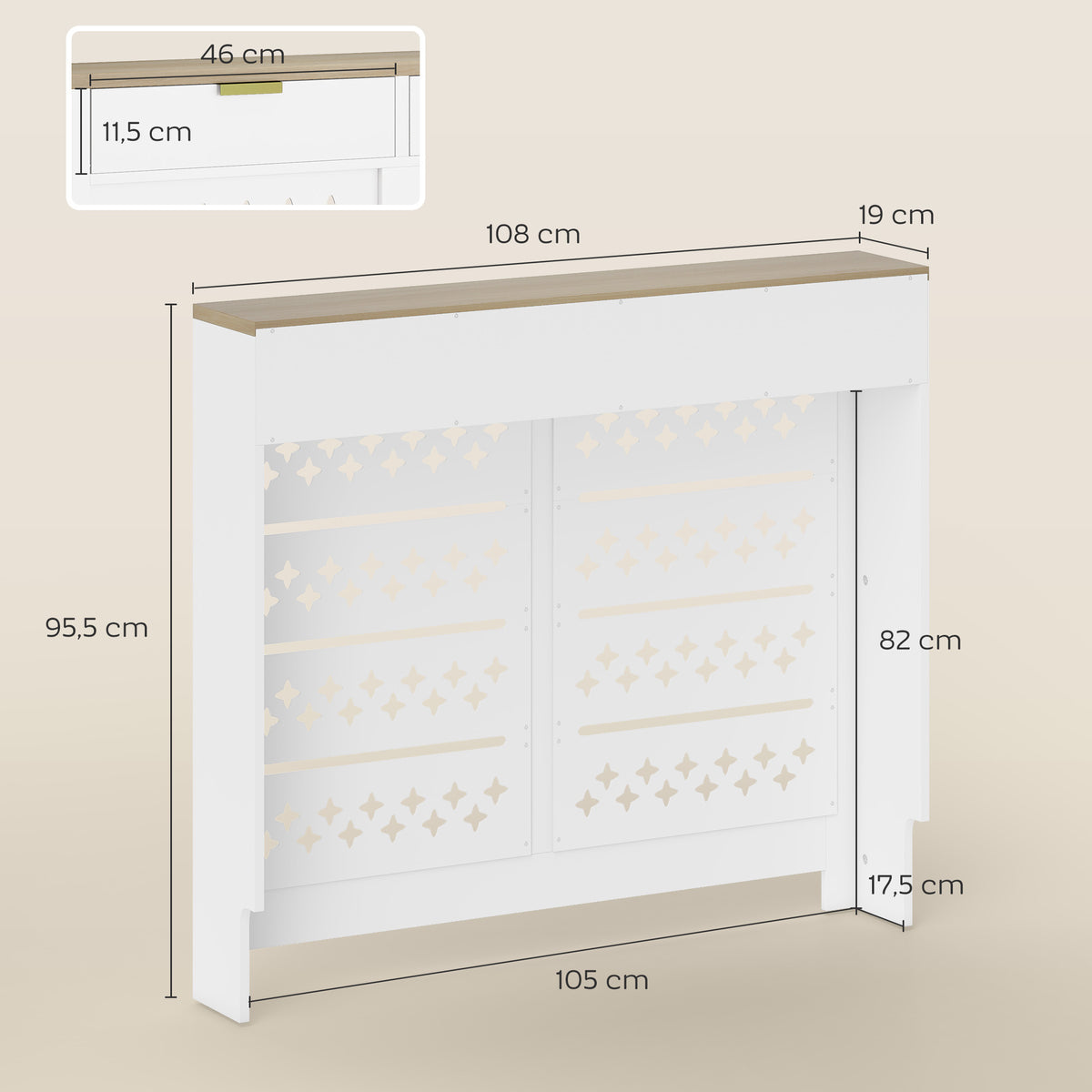 Couvercle de radiateur, cache radiateur avec placard rabattable et étagère supérieur, 108 x 19 x 95,5 cm, blanc-2