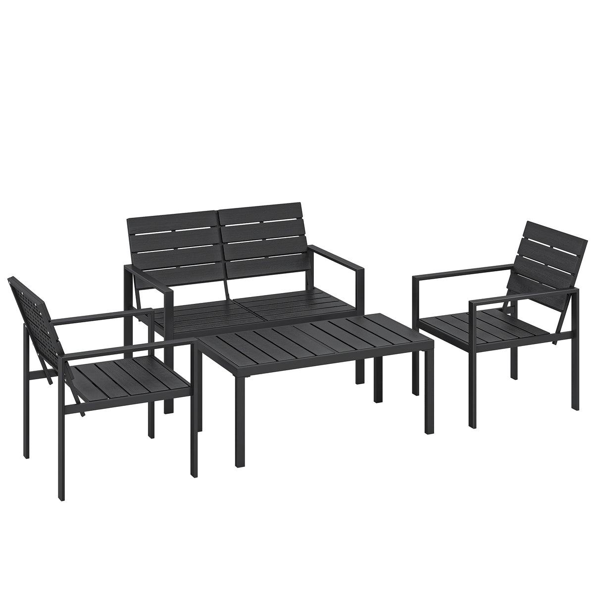 Salon de Jardin Extérieur 4 Pièces, Canapé 2 Places, 2 Chaises, Table Basse, Mobilier de Jardin en HDPE Effet Bois Noir-0