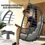 Fauteuil suspendu pliable en résine tressée avec support, coussin et oreiller hauteur réglable, gris-3